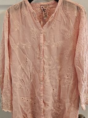 Johnny Was Boho Embroidered Button-Front Pink Women's Top